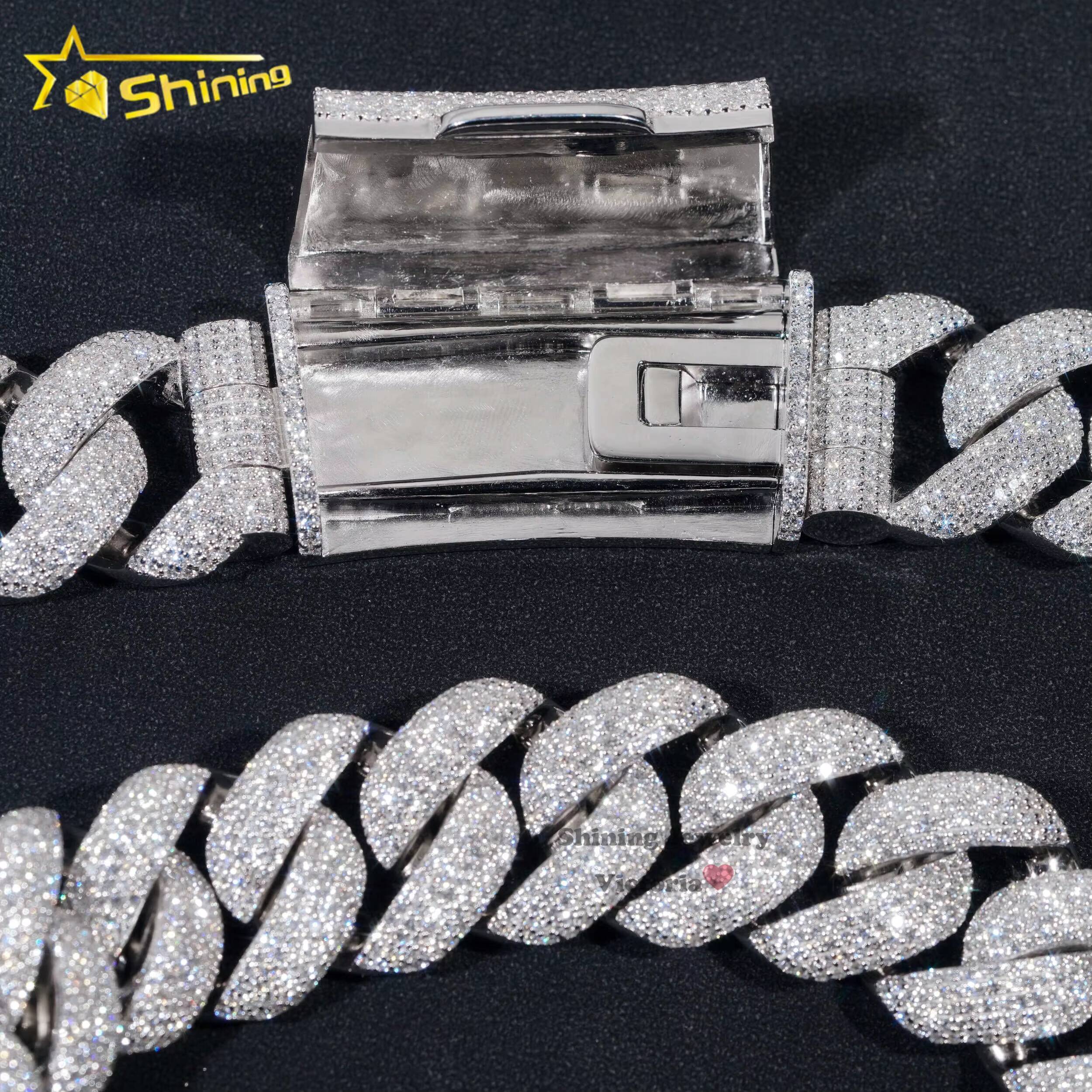 Shining Jewelry Hip Hop Iced Out Miami Cuban Chain 25MM Thick 925 Silver Lab Grown Diamond 14K Gold Plated Cuban Link Chain