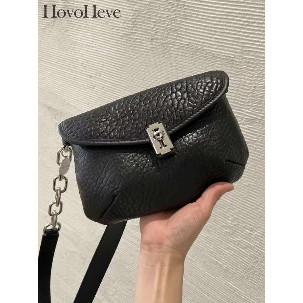 Women Fashion Casual Black Sheepskin Small Capacity Saddle Buckle Bagsain Strap Single Shoulder Armpit Crossbody Bag