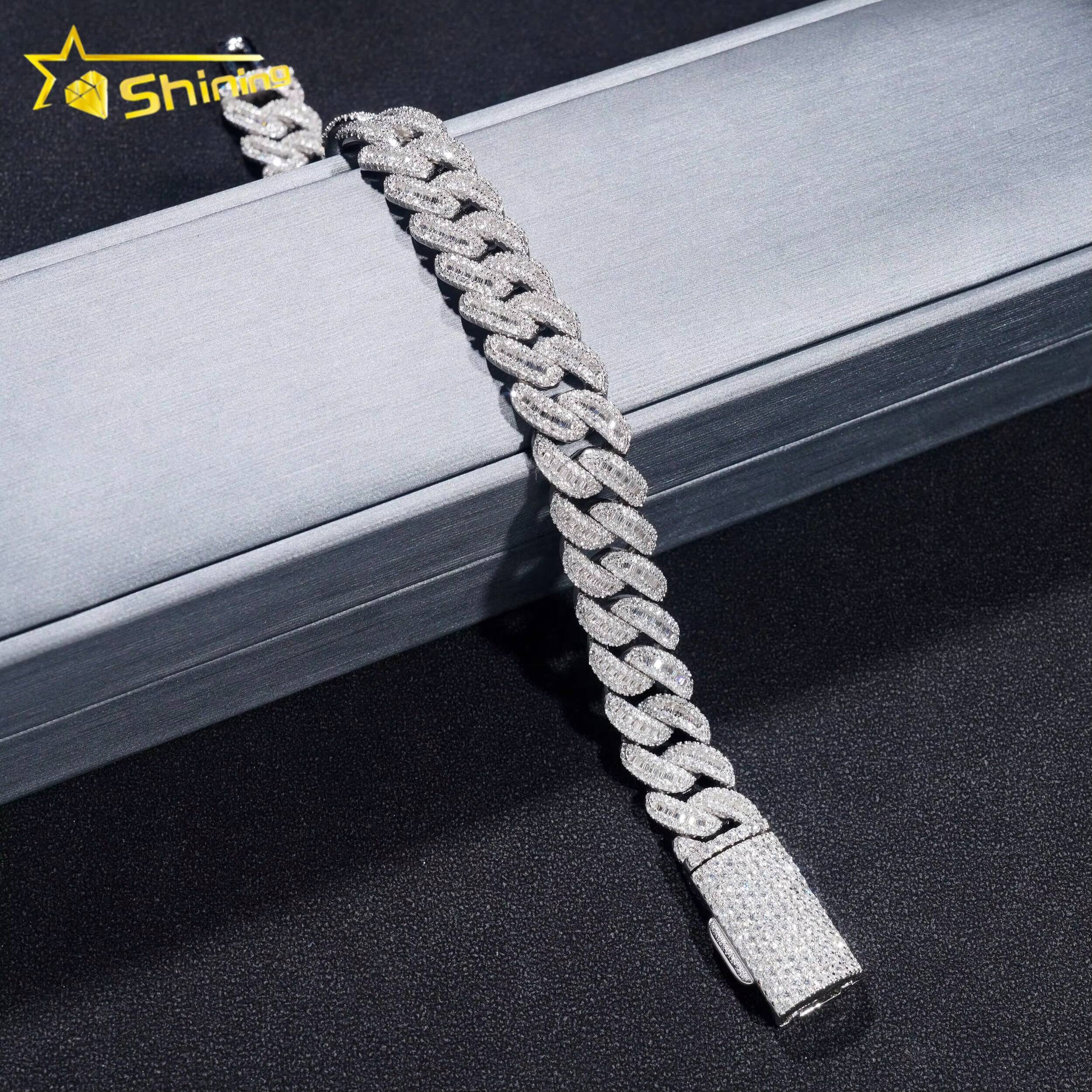 Pass Diamond Tester S925 Gold Plated Hip Hop Jewelry Mens 12MM Baguette VVS D Color Moissanite Cuban Bracelet