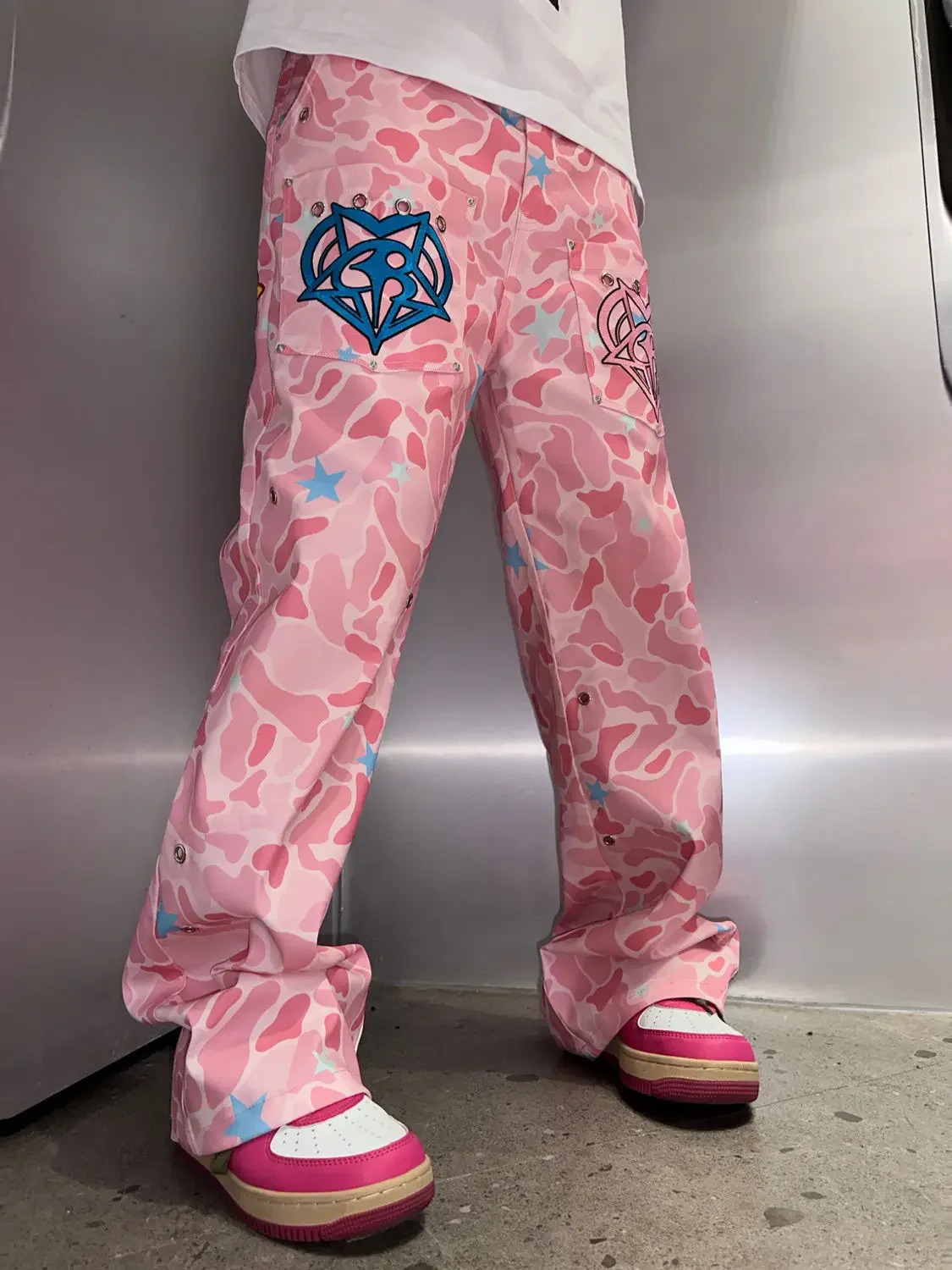 Sense Heavy Craftsmanship Pink Camouflage Embroidered Jeans Men Street Hip Hop Unisex Straight Wide Leg Pants 250415
