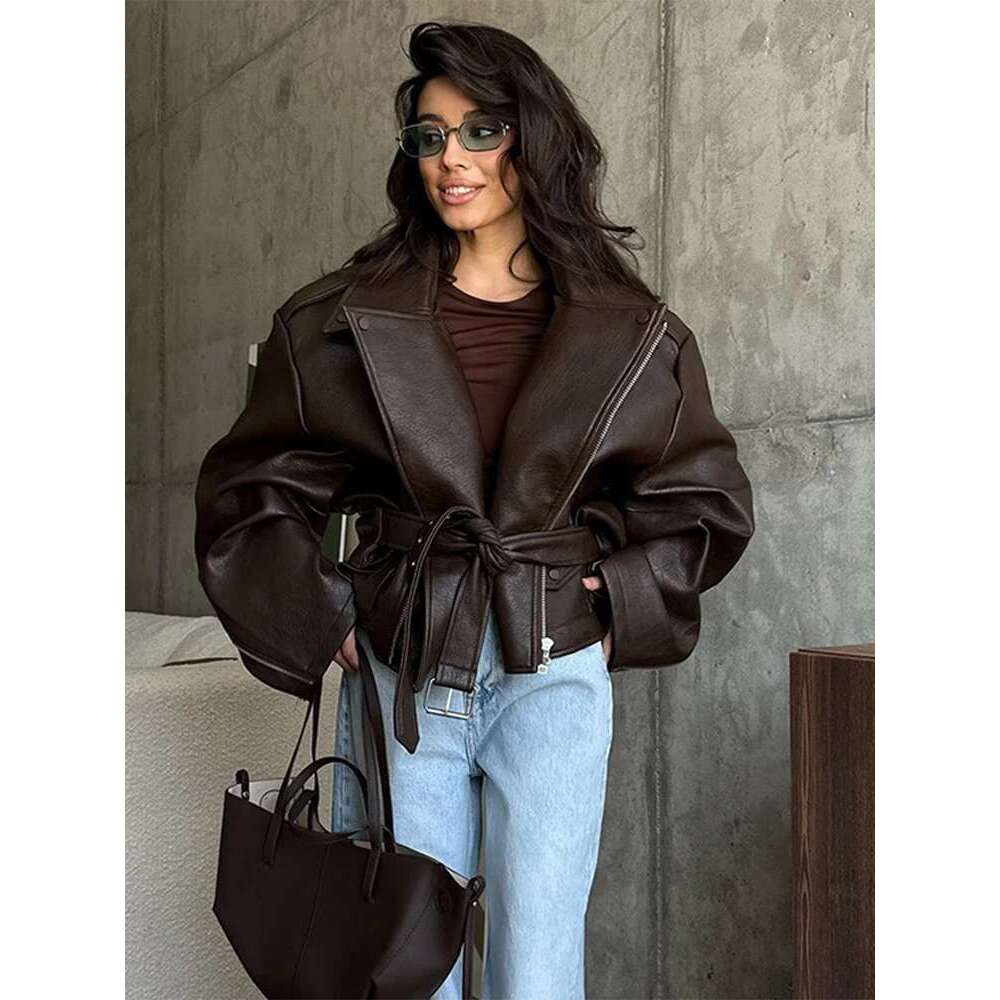 Designer Clothes High Street Leather Chaqueta De Lapel Full Sleeves With Belt Zippers Crop PU Jackets Female 2025 Spring Summer Casual Lady Coat
