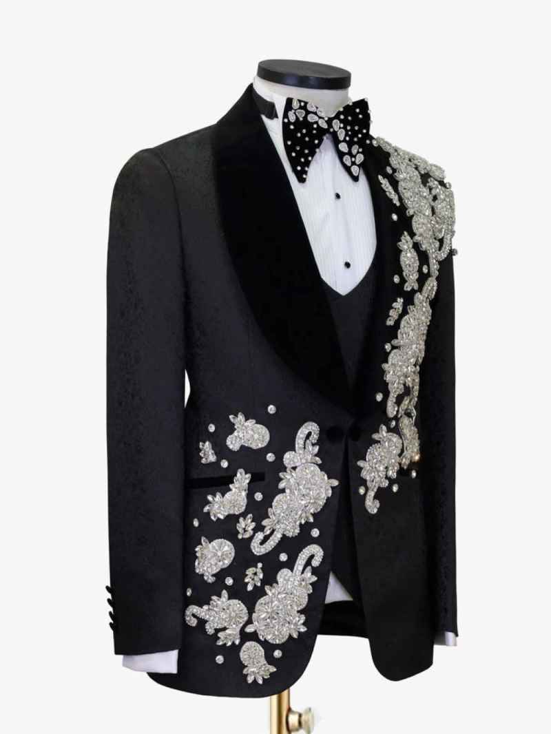 Luxury Beads Men Suits Customized Appliques Groom Wedding Party Tuxedos 2 Pieces Slim Fit Male Blazer Vest Costumes Homme