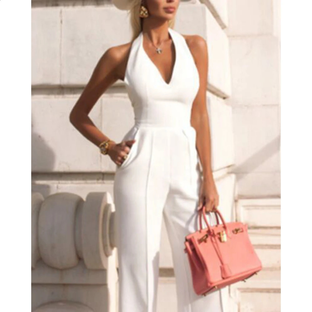 Womens elegant sleeveless strapless deep V-neck white jumpsuit womens summer wide leg work one-piece jumpsuit 250410