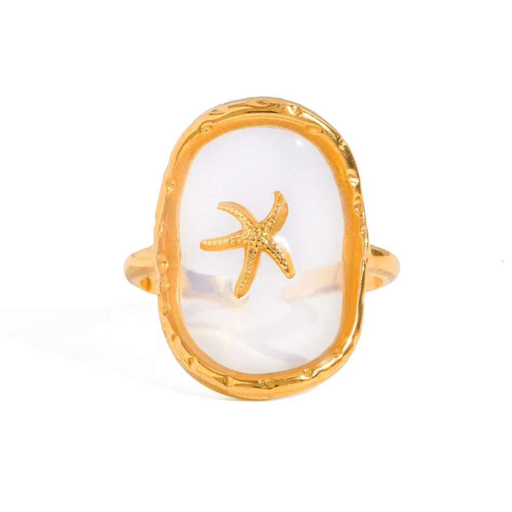 Oval Starfish Gold Plated Stainless Steel Hammer Pattern Ocean Wind Open Ring Women Anti Allergic Charm Daily Jewelry