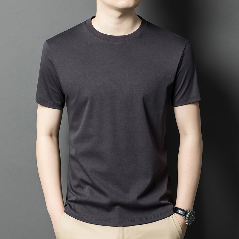 7A antibacterial silk pure cotton T-shirt 2025 summer new casual simple solid color round neck men's short sleeved shirt