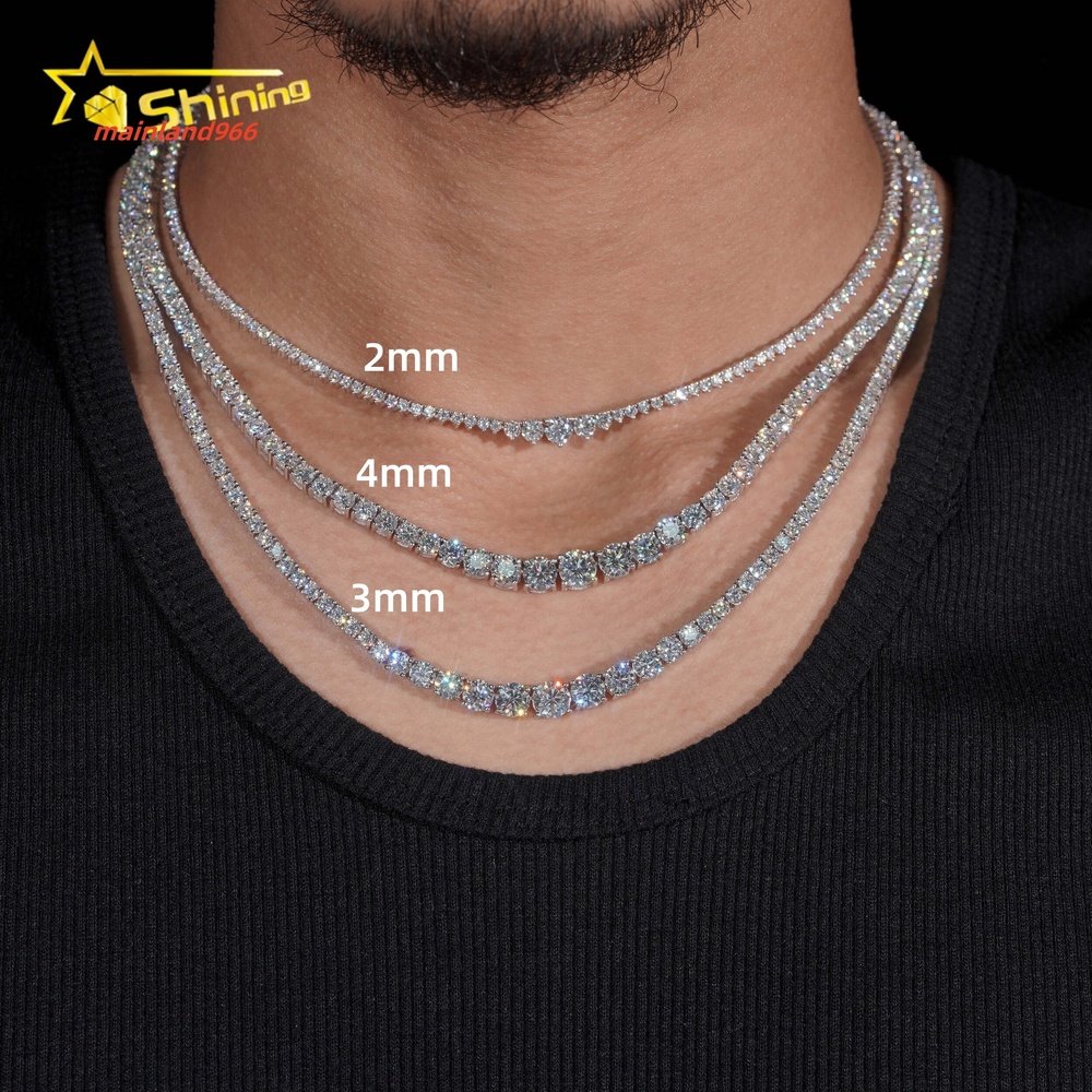Hot Selling Hip Hop Prong Setting D Color 2mm 3mm 4mm Gradual Moissanite Tennis Chain Necklace for Women