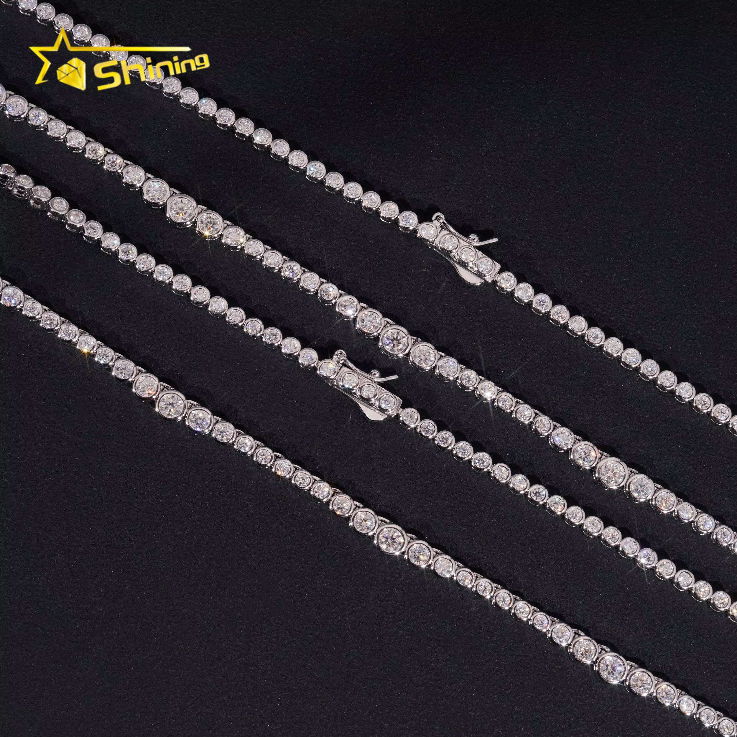 New Fancy Design Bezel Moissanite Choker Necklaces 925 Sterling Silver 2MM Hip Hop Moissanite Tennis Chain for Men Women