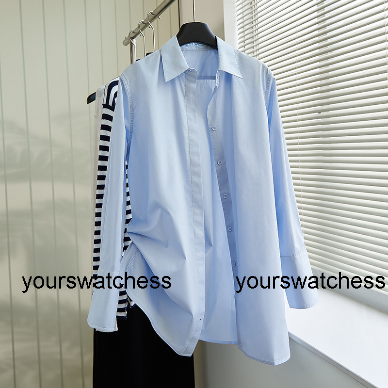Row Blue Cotton Poplin Shirt Loose Lazy Style Mid-length Shirt Women