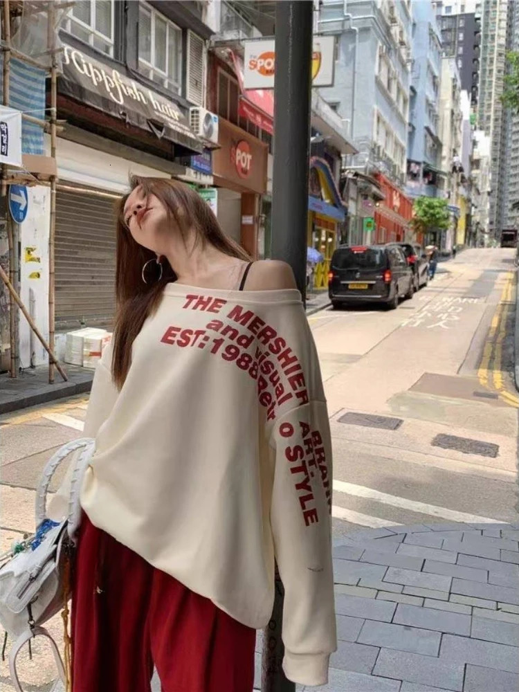 Woman American Vinrage Grey Street Sweatshirt Y2k Letter Printing Long Sleeve Casual Warm Oversize Baggy Ladeies Tops Autumn 250415