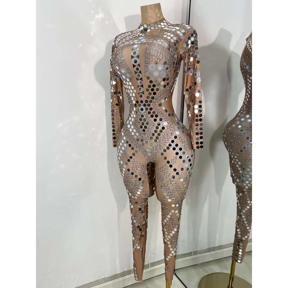 Women Sexy Spandex Tight Jumpsuit Long Sleeve Mirrors Cosplay Costume Nightclub Dancer Outfit Performance Stage Wear