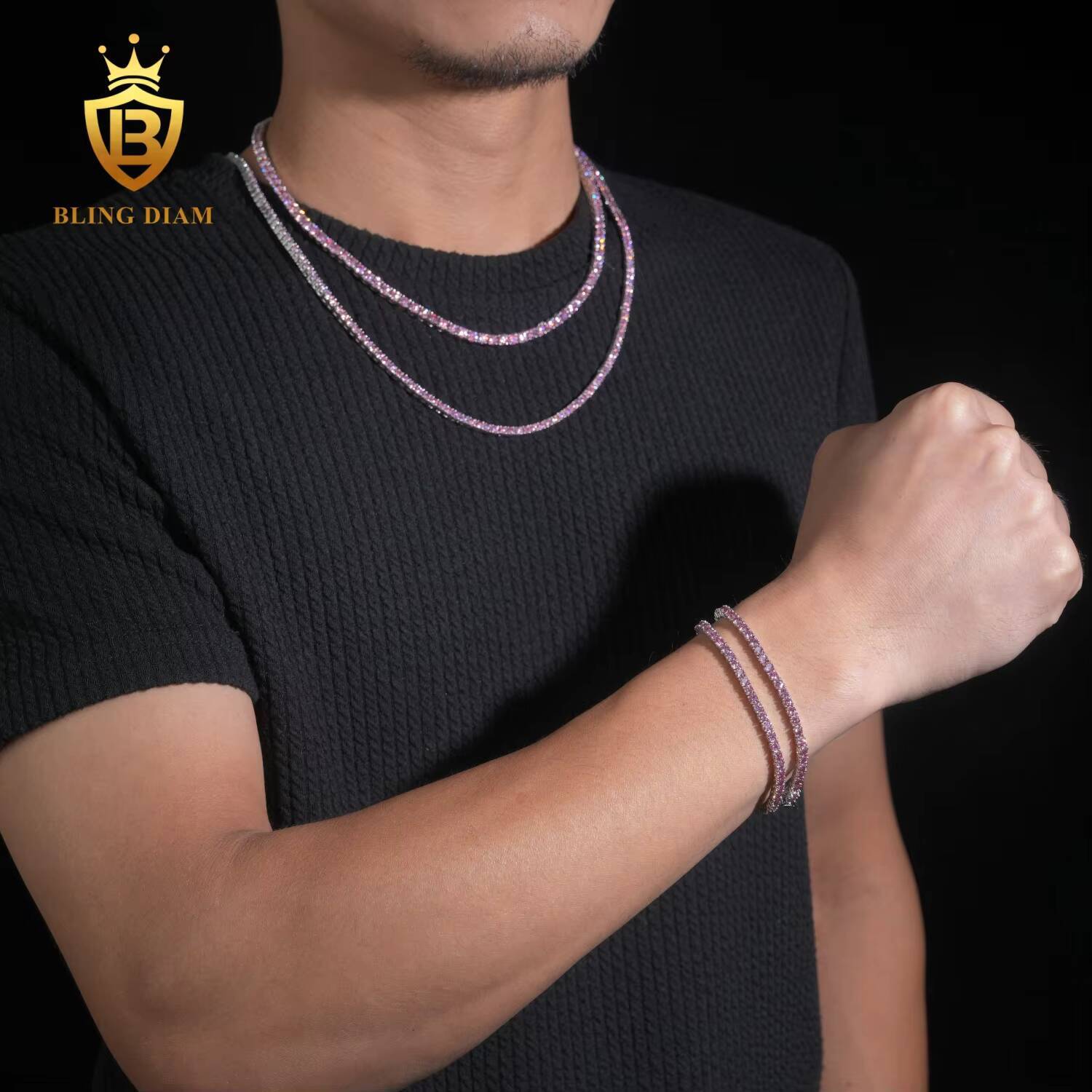 Wholesale Price 925 Sterling Silver Iced Out Hip Hop Jewelry Pink Moissanite 3mm 4mm 5mm Tennis Chain Necklace