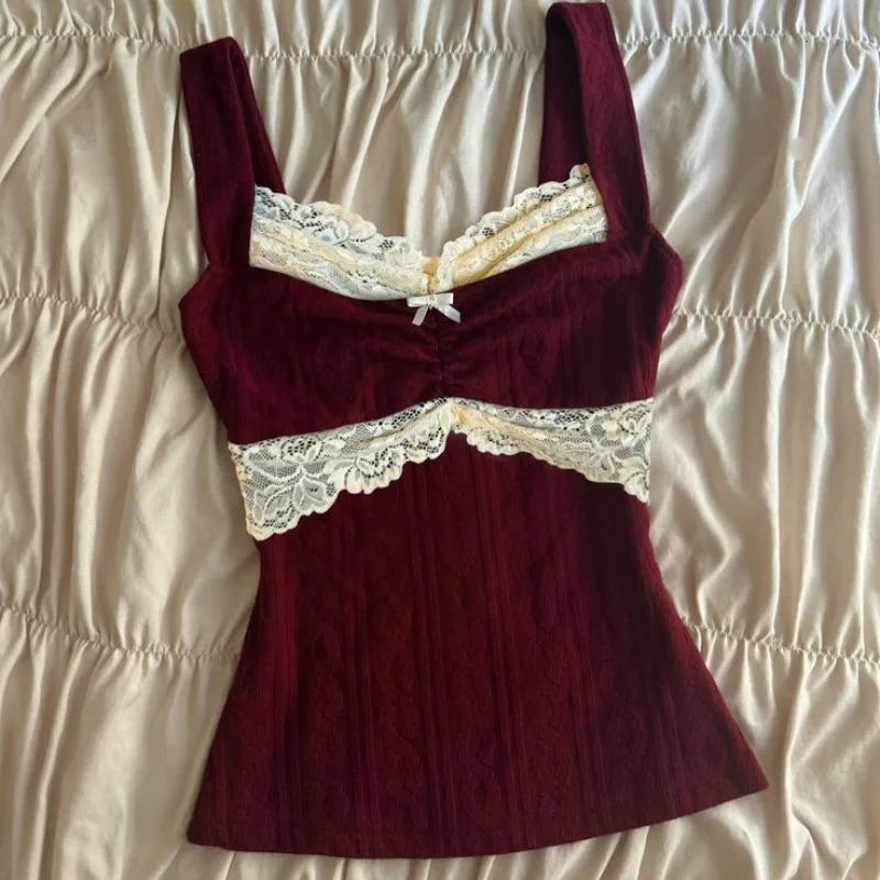 Sweetheart Sleeveless Top Solid Color Splicing Lace Vest Western Style Slim Fit Bottoming Shirt