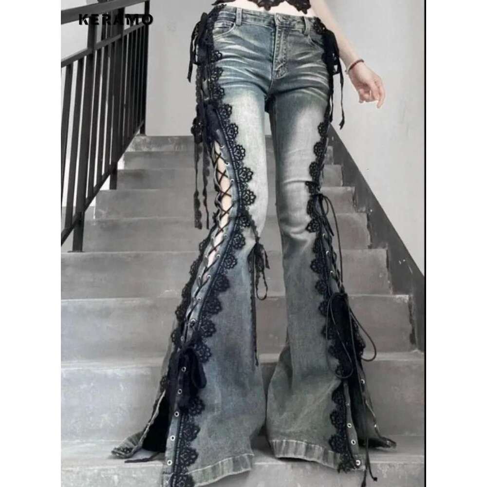 Hotsweet Retro Lace Grunge Street Jean Lace-Up Hollow Out Sheath Pants Women Bubblegum Coquette Casual Y2k Slim Denim Trouser