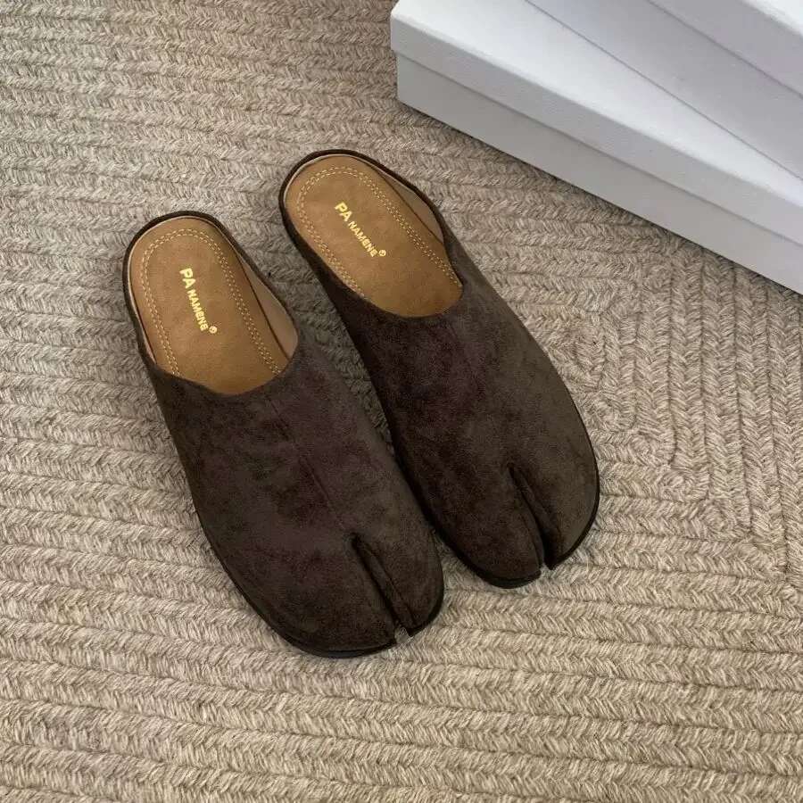 Bailamos Women Split Fur Slippers Tabi Ninja Slip On Flats Round Toe Shallow Lazy Boat Sgback Mules Shoes Soft Warm Loafe