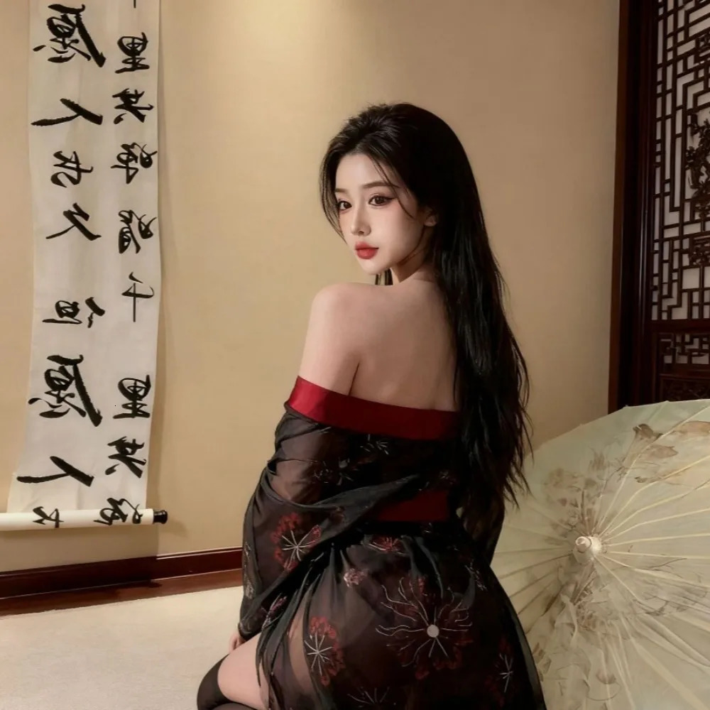 Erotic Transparent Women Kimono Set Cute Japanese Printed Sexy Pajama Gauze Ancient Hanfu Bathrobe Lingerie Maid Uniform 251114