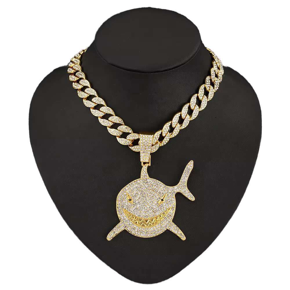 DHCollections Hip Hop Shark Pendant Necklace with 15mm Iced Out Cuban Link Chain Bling Alloy Accessory for Men Women 18-20 Inch 1 Piece