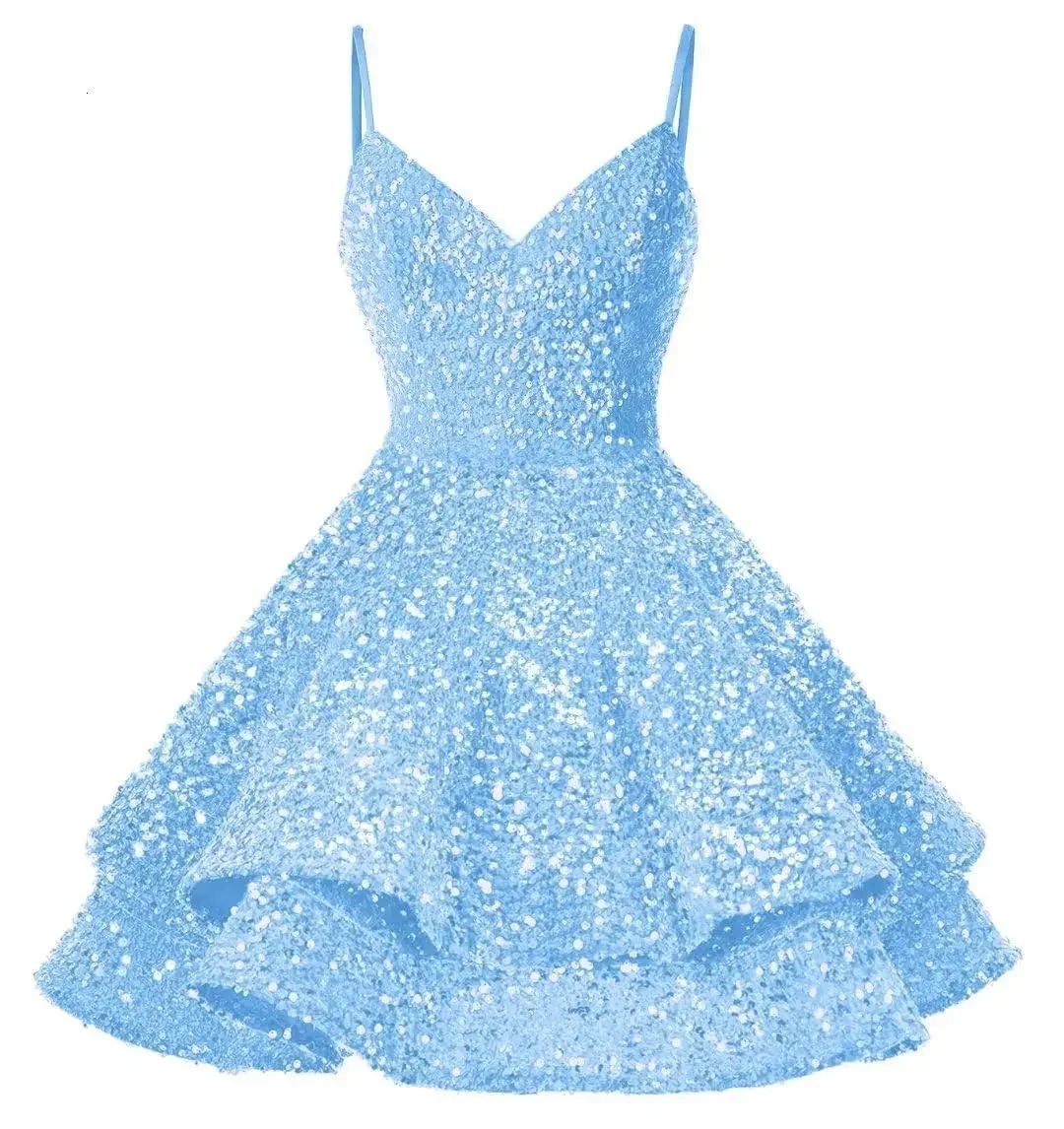 Womens Sparkly Sequin Homecoming Dresses for Teens Tiered Spaghetti Straps V Neck Prom Dresses Short Formal Cocktail Gowns 251113