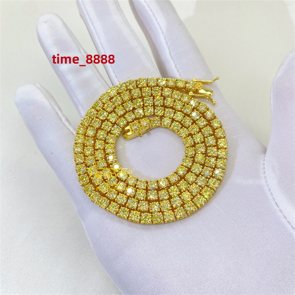 18K Gold Plated Iced Out Vvs Diamond Tennis Chain 2mm 3mm Golden Yellow Moissanite Tennis Bracelet Necklace for Men and Women