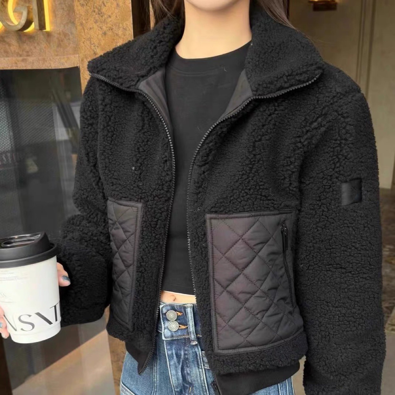 Yoga jacket Designer jacket New autumn and winter wool stand-up collar short warm outdoor casual sports zipper jacket 089