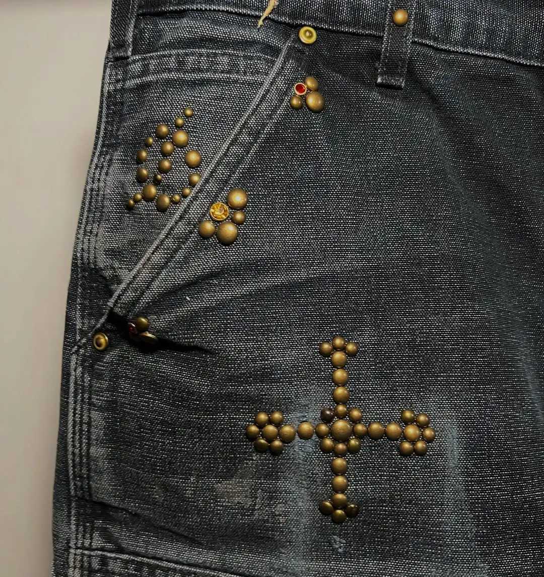 American Harajuku Set Gemstone Retro Washed Denim Shorts Mens Street Hip Hop Rap Fashion Y2K Tassel Jeans Z250416