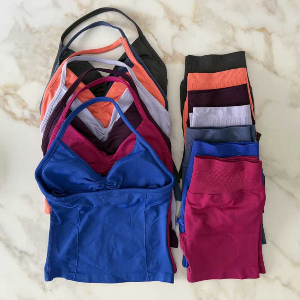 Impact Gym Set 2-piece long line shoulder strap top sports vest Scrunch shorts sports sling set fitness clothing seam yoga setXJ250415