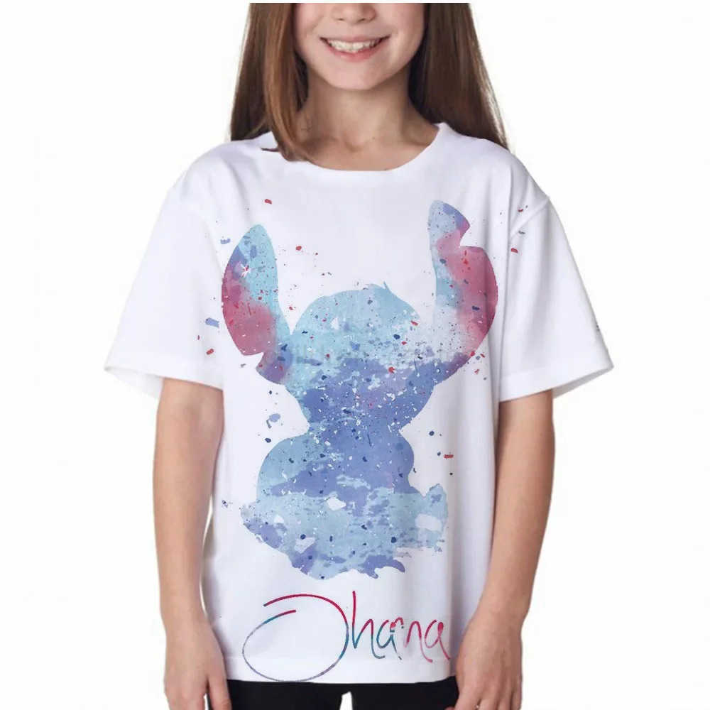 Disney 2024 Summer Disney Stitch Kids 3D Print Tees 1-14 Years T-shirt Children Cartoon Style Tops Short Sleeves Tees Kids T Shirt W250617