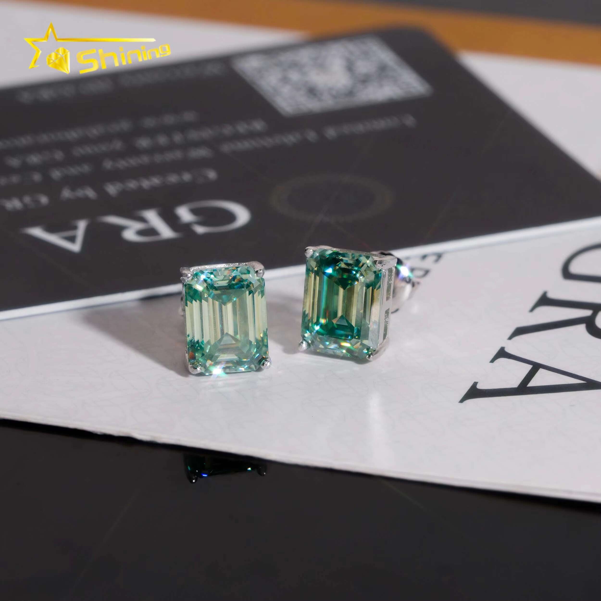 Wholesale Gemstone Moissanite Solitaire Emerald Cut Blue Green Stud 925 Silver Earrings