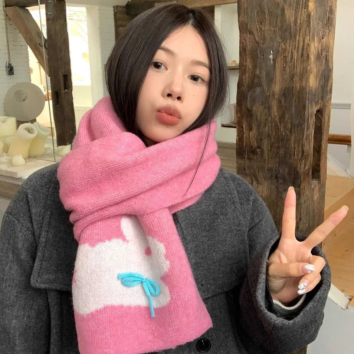 Luxury Winter warm scarf for women sweet cool rabbit handmade bow winter knitted wool imitation cashmere scarf solid color cartoon Y251115