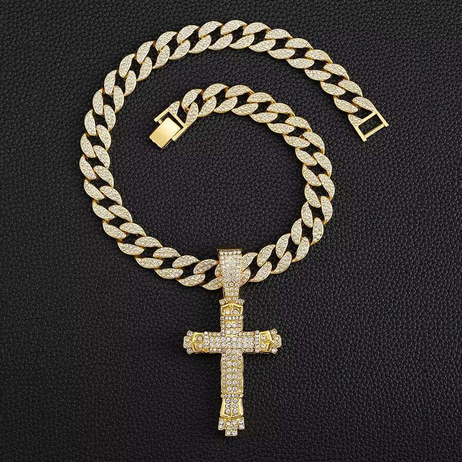 DHcollection Iced Out 15mm Width Cuban k Chain With Hip Hop Alloy and Rhie Big Buckle Cross Pendant Necklace