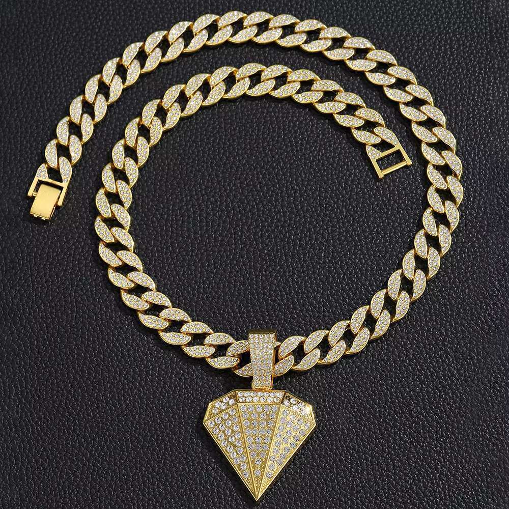 DHCollections Dia Shape Pendant Necklace Iced Out Cuban Chain 15MM Hip Hop Bling Jewellery for Men Women Gold Sier Color 18 Inch 1 Piece