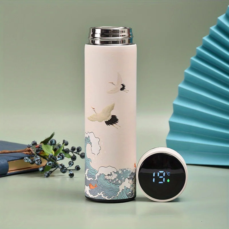 1pc Chinese Style Thermal Bottle Retro Smart Temperature Display Insulated Stainless Steel Water Cup 251111 W260226