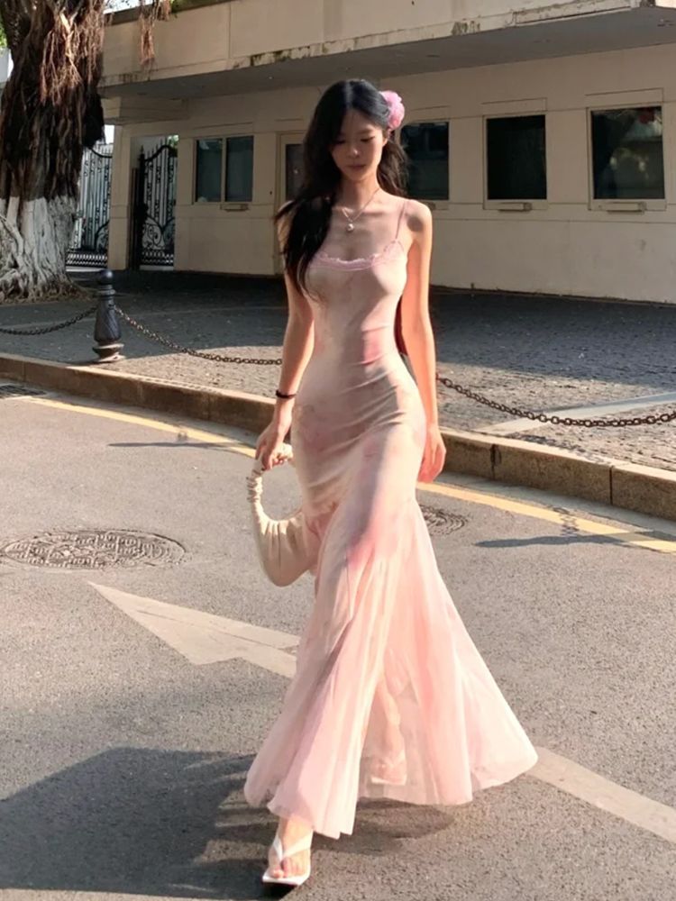D1232 Summer Women's French Style Dress, Pink Tulle Skirt, Sexy Bodycon, Slim Fit, Fishtail Skirt