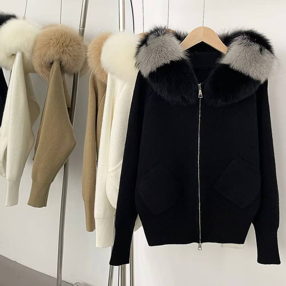 Autumn Winter Women Zipper Long Sleeve Knit Cardigan Coat Tops Hooded Detachable Big Real Fox Fur Collar Luxury Female Sweater