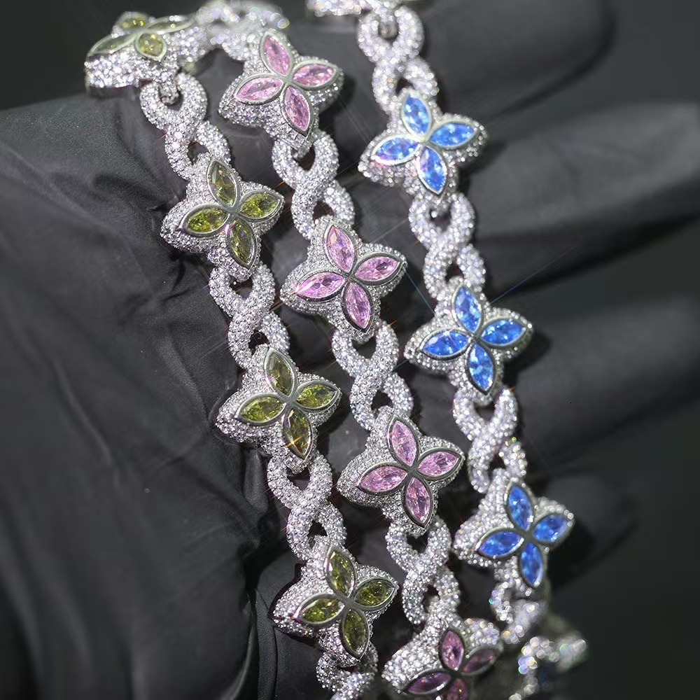 Fashion Fancy Colors Marquise Cut Moissanite Clover Charms Infinity Cuban Links 925 Sterling Silver Cuban Link Chain Jewelry