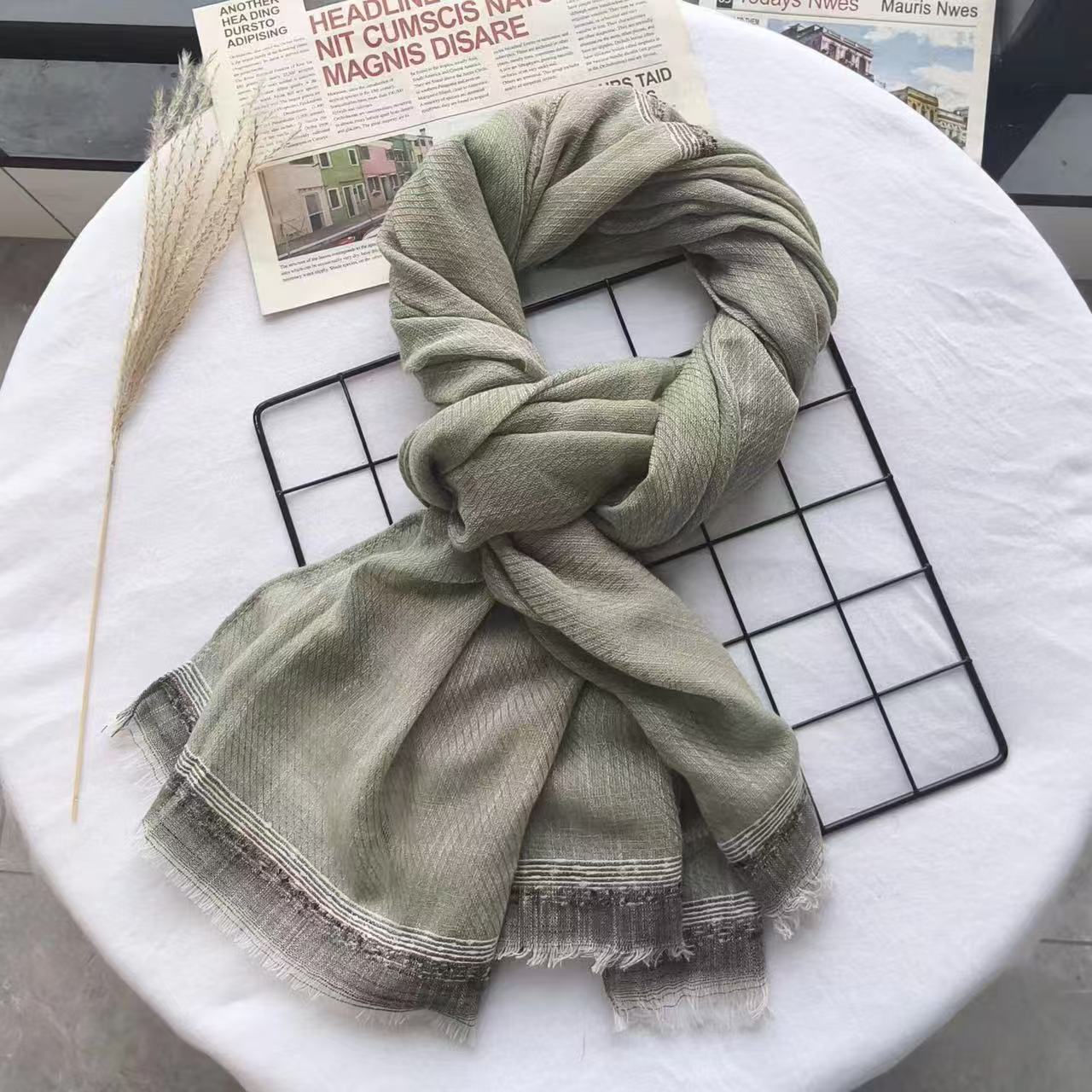 T480 new women's scarf spring and autumn thin retro solid color rectangular shawl literary retro versatile cotton and linen scarf