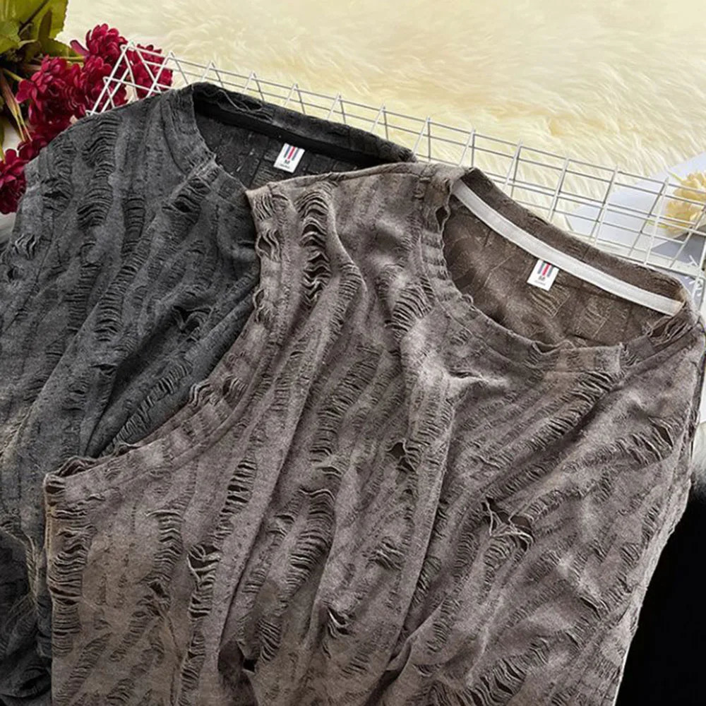 Mens Street Y2k Hole Worn Casual Vest Genderless Summer Niche Personality Versatile Dark Style Hiphop Tank Top Unisex 250415