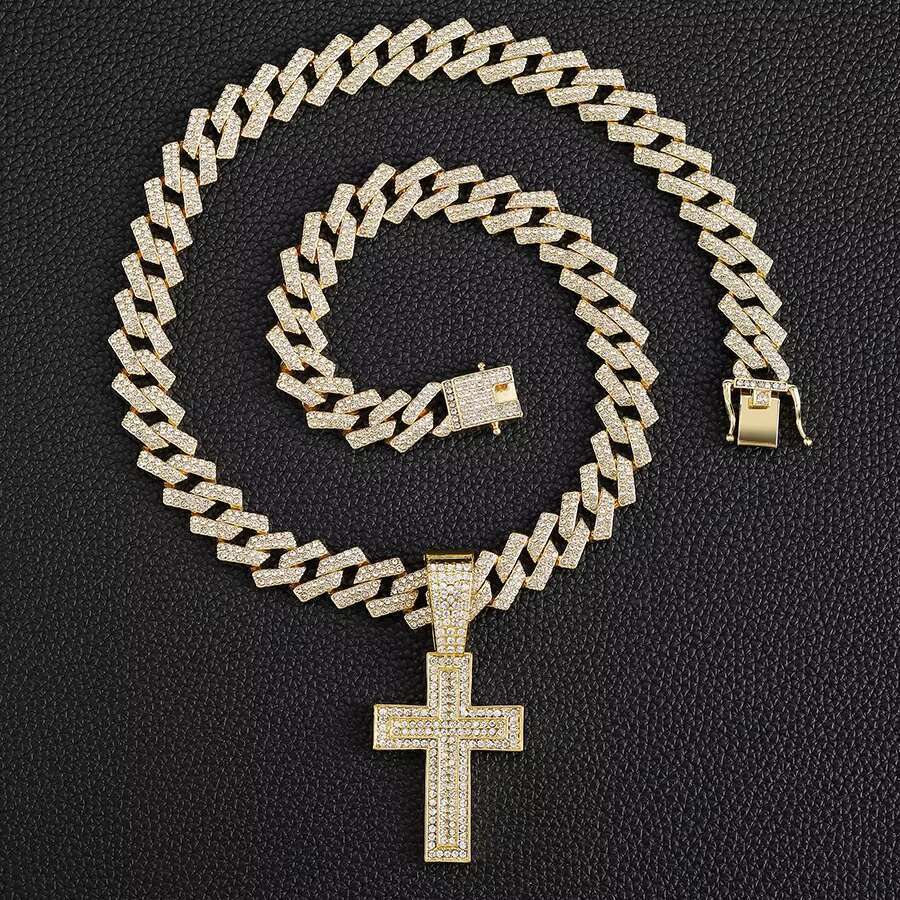 DHcollection NEW 15mm Width Iced Out Miami Chain With Hip Hop Alloy and Rhie Double Cross Pendant Necklace