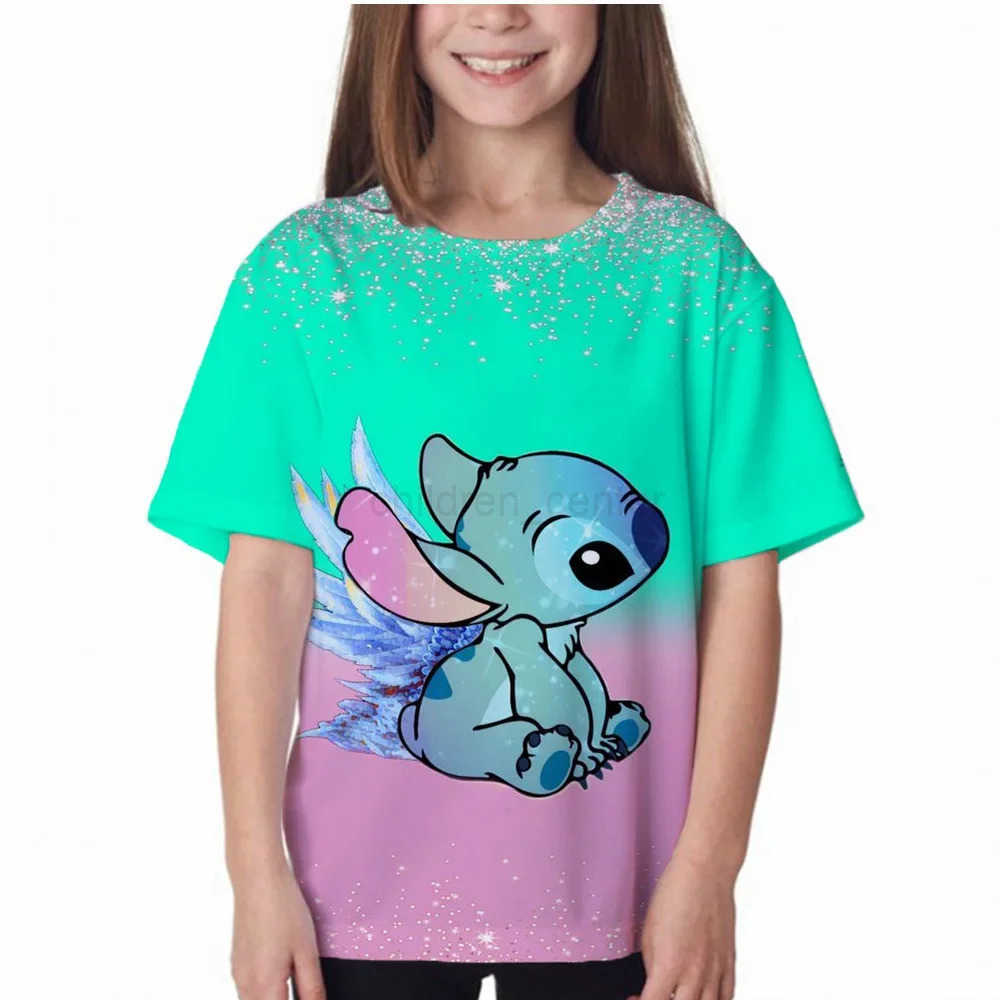 Disney 2024 Summer Disney Stitch Kids 3D Print Tees 1-14 Years T-shirt Children Cartoon Style Tops Short Sleeves Tees Kids T Shirt W250617