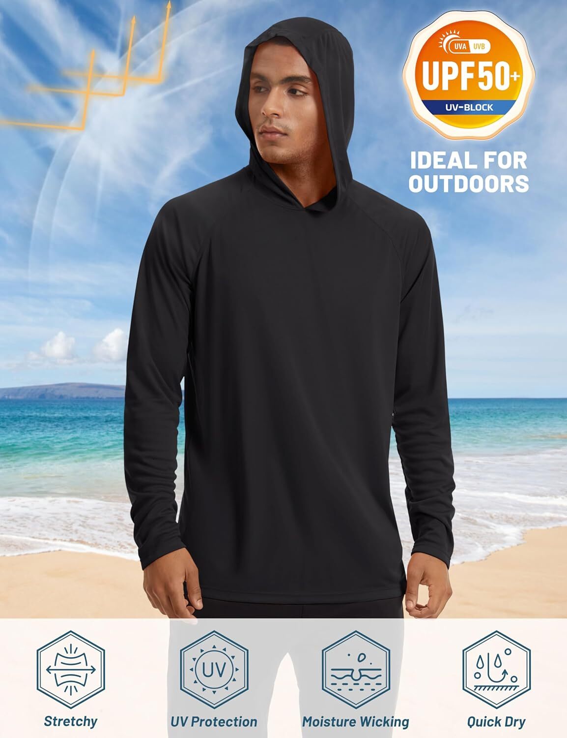 Mens Sun Protection Shirts UPF 50+ Rash Guard for Men Long Sleeve Lightweight SPF UV Hoodie Swimming Hiking