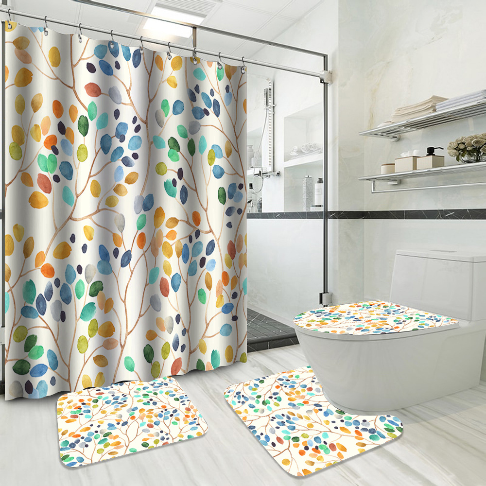 YL-37715 Hot Selling Shower Curtain 4-Piece Set, Green Plant Series, Waterproof and Mildew-Proof Shower Curtain, No Drilling Required