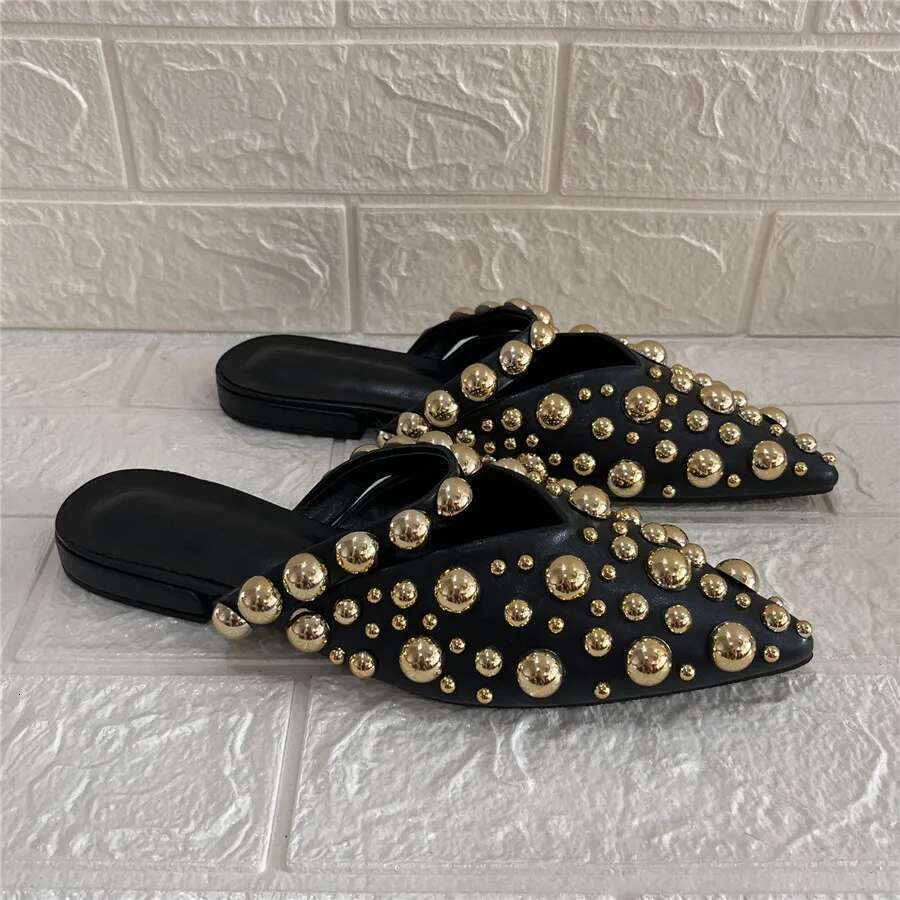 Punk Slippers for Women Rivets Studded Pointed Toe Summer Gladiator Sandals Flat Beach Shoes Female Slides Outside Mules