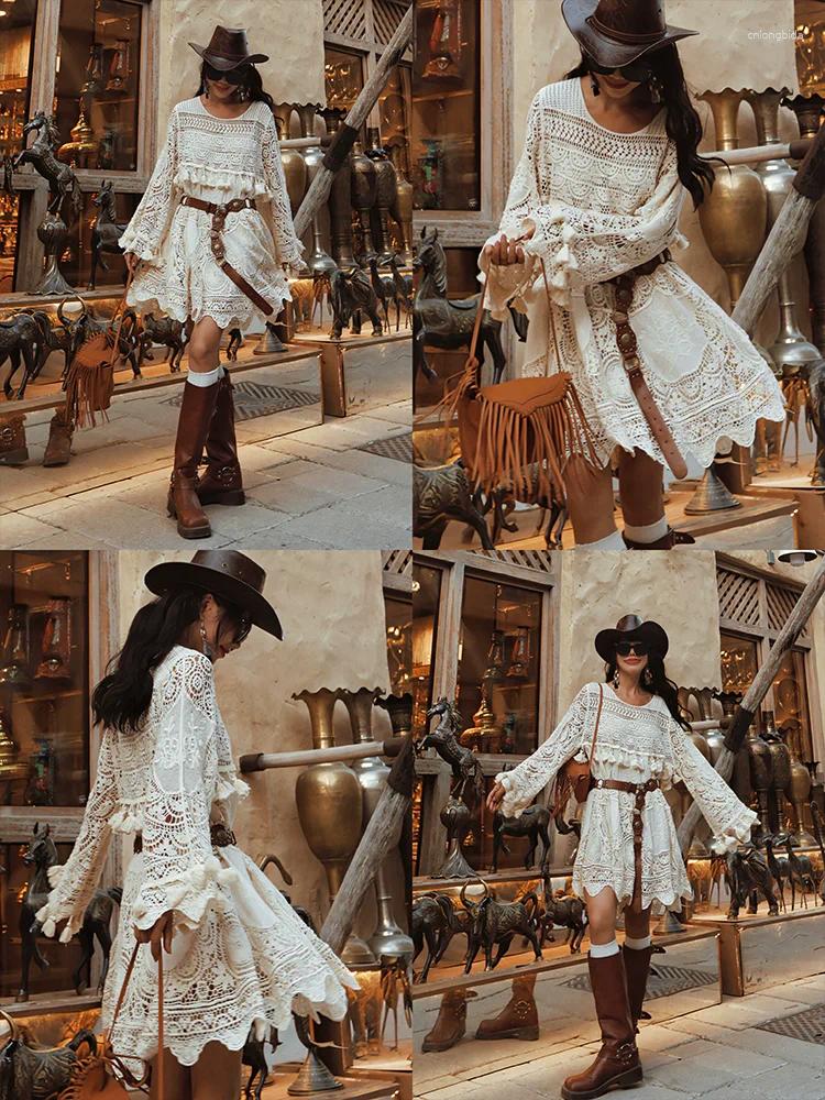 Casual Dresses Spring Autumn Original Design Women Bohemia Style Hollow Out Crochet Lace