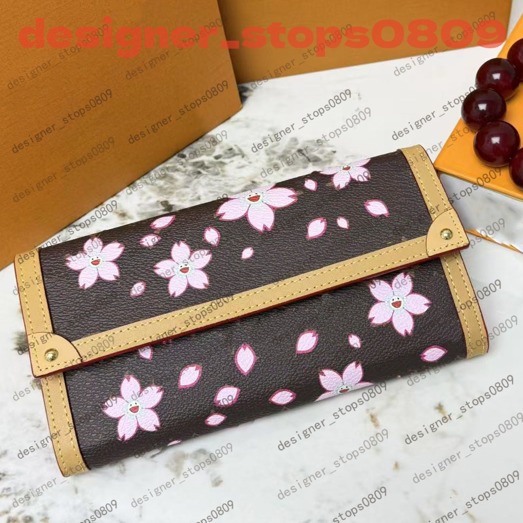 Takashi Murakami designer wallet high-quality soft leather cherry blossom wallet men's and women's logo stylish long flip wallet coin wallet slot