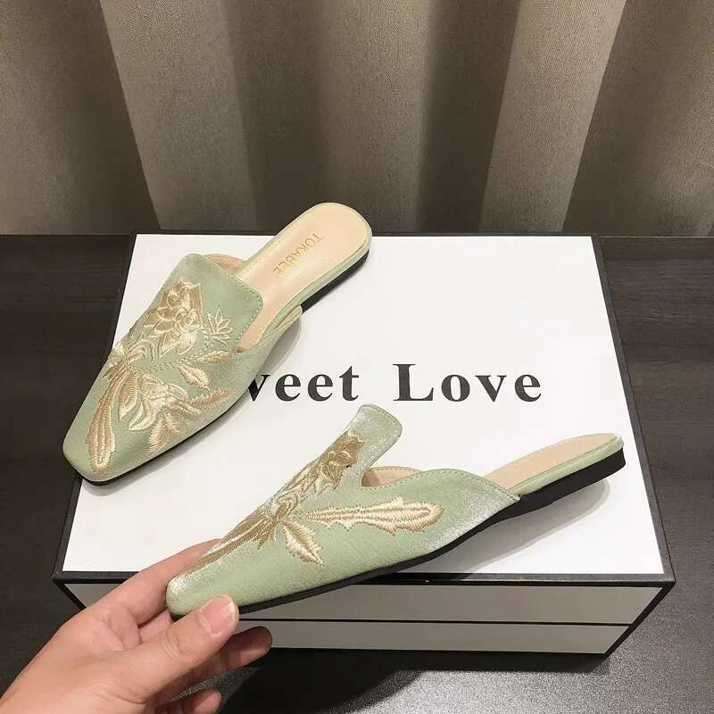 Women's Mules Slippers Summer Footwear Flats Retro Chinese Style wers Elegant Dress Low Heel Sandals Designer Slides on sales