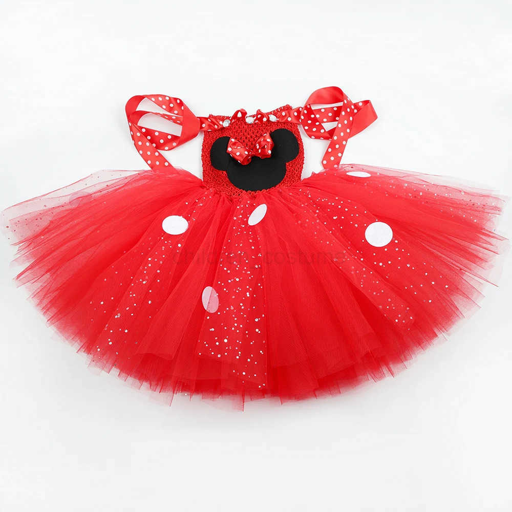 Disney Girls Red Minnie Tutu Dress Glitter Polka Dots Toddler Girl Birthday Party Princess Dress Up Clothes Kids Halloween Costumes W20250416