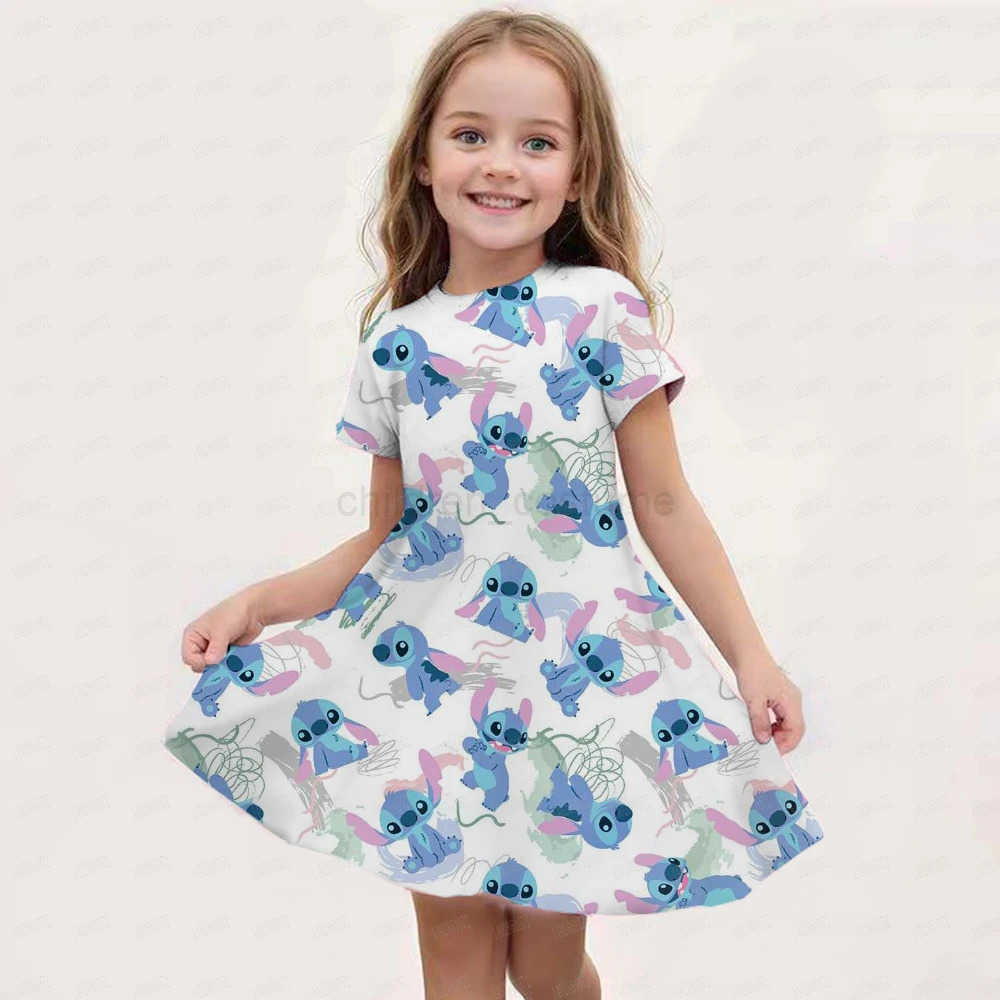Disney Summer Disney Stitch And Angel Dress For Girls Women Short Sleeve Costume Princess Party Dresses Children Skirt Toddler Clothes W20250416