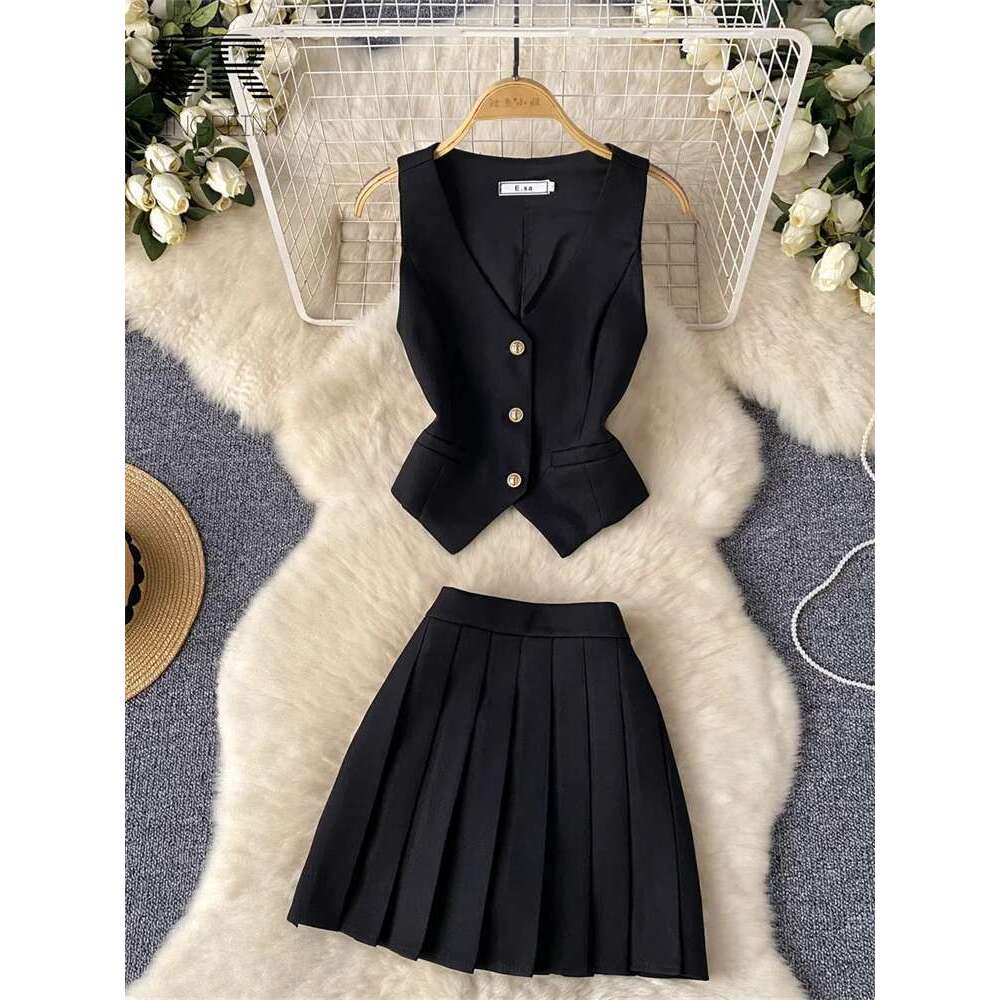 SINGREINY French 2Pcs Suit Women Summer Single Breasted Basic Camisole+Zipper Design Pleated Skirt Ladies Fashion Two Pieces Set