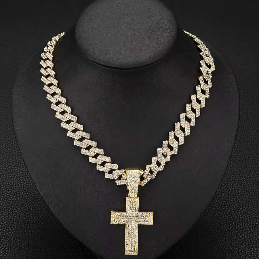DHcollection NEW 15mm Width Iced Out Miami Chain With Hip Hop Alloy and Rhie Double Cross Pendant Necklace