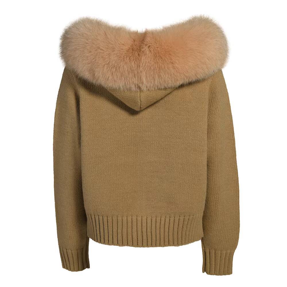 Custom Colors Long Sleeve Hoodie Knitted Coat Zipper Cardigan Luxury Fluffy Real Fox Fur Collar Hooded Alpaca Wool Sweater Women