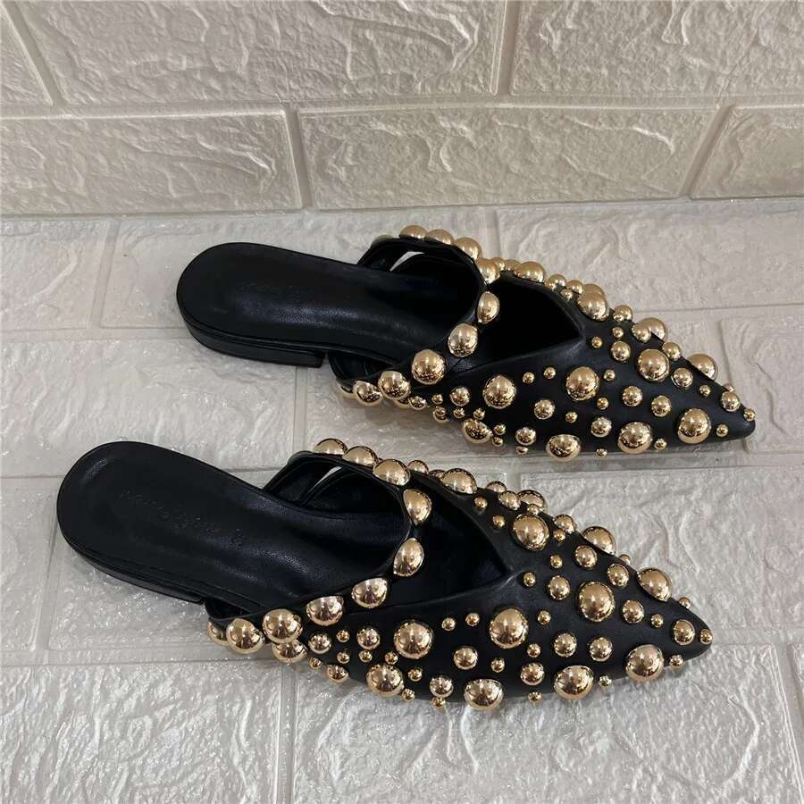 Punk Slippers for Women Rivets Studded Pointed Toe Summer Gladiator Sandals Flat Beach Shoes Female Slides Outside Mules
